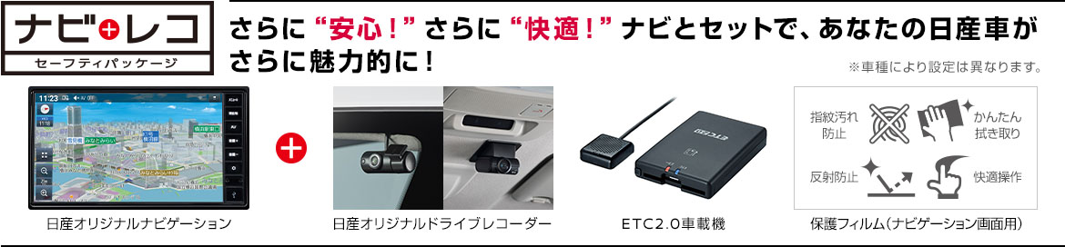 ナビレコ セーフティパッケージ さらに安心！さらに快適！日産純正アイテムをナビとセットで、あなたの日産車がさらに魅力的に！